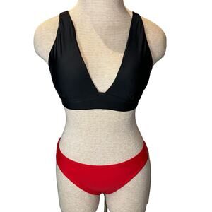 Aerie Black Triangle Bikini Top and Red Bikini Bottoms 2 Piece Set Medium NWT